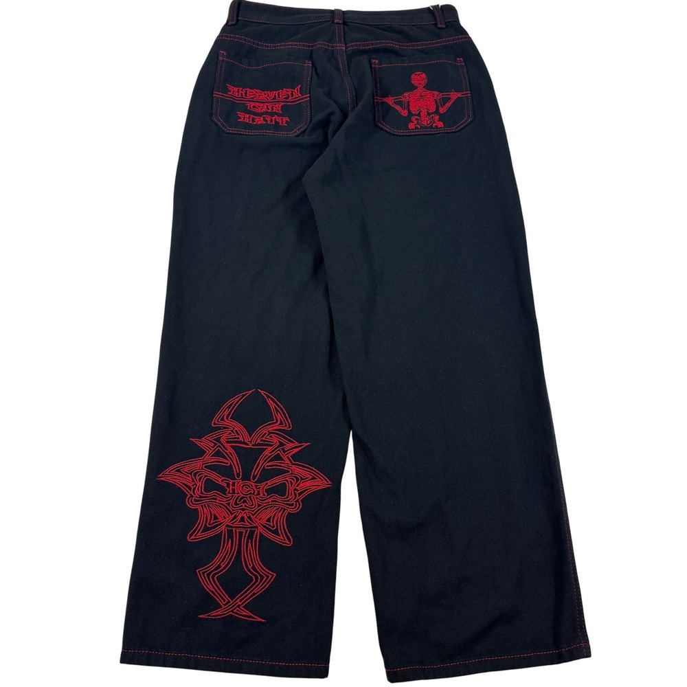 Y2K Heaven Can Wait Men's Black Red Embroidered Skeleton Tribal Wide Leg Jeans L